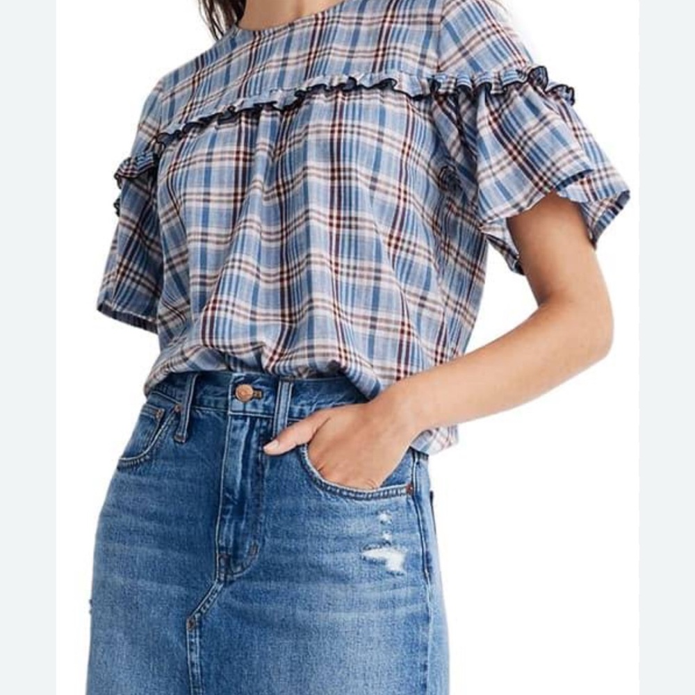 Madewell Blue and White Flutter Sleeve Blouse